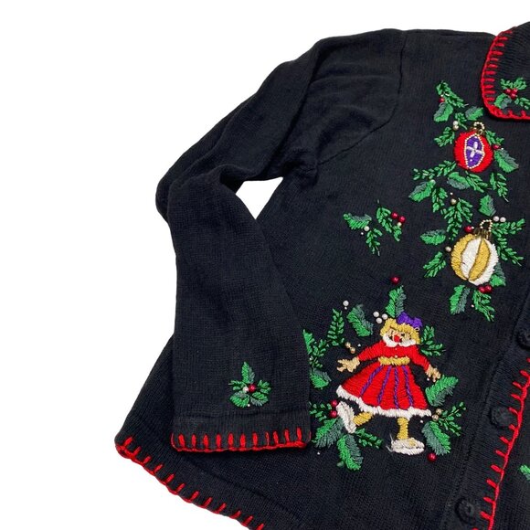 Womens Vtg Christmas Cardigan Sweater BP Design Medium Black Embroidered Beaded - Picture 12 of 16